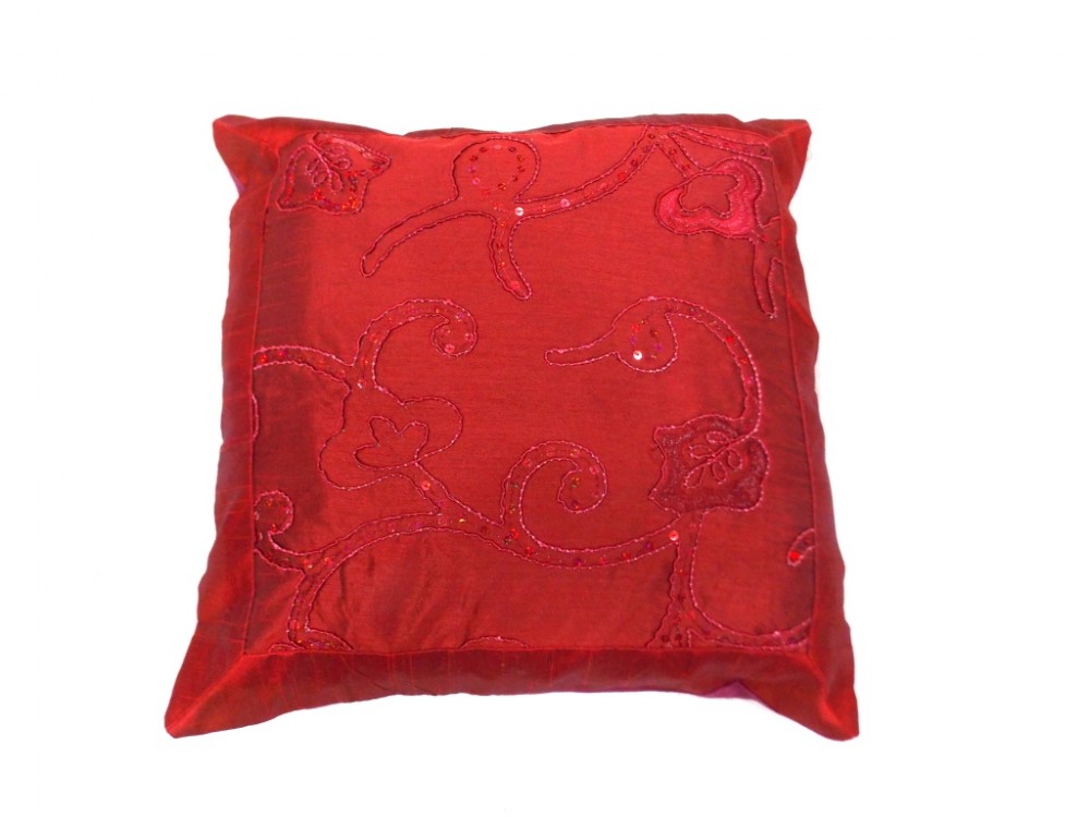 JAIPURI CUSHION COVER PILLOW CASE FLORAL DESIGN SILK FABRIC RED COLOR SIZE 17x17 INCH